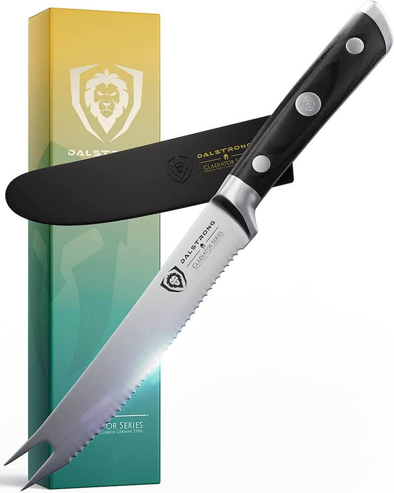 DALSTRONG Tomato Slicing Knife - Gladiator Series - 5" - Serrated Utility - German High Carbon Steel - Black Handle - Sheath Included - NSF Certified